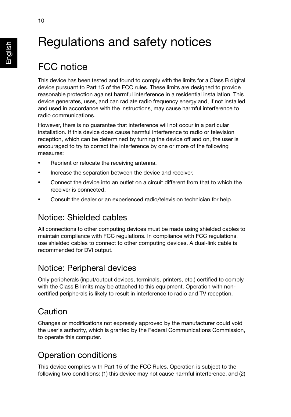 Regulations and safety notices, Fcc notice, Notice: shielded cables | Notice: peripheral devices, Caution, Operation conditions | Acer Veriton E430_45 User Manual | Page 22 / 752