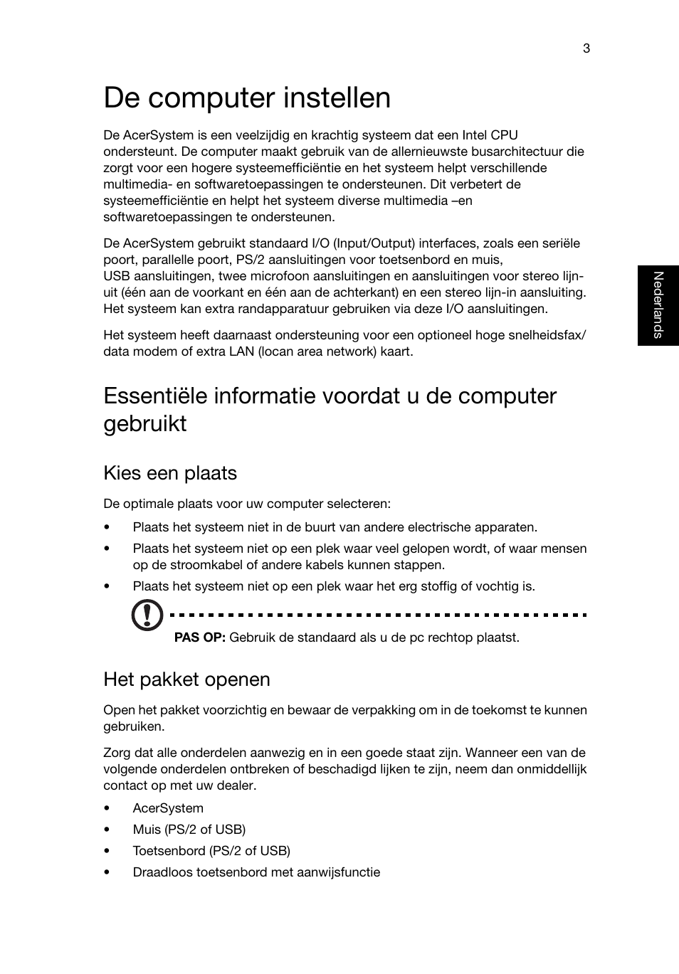 De computer instellen, Kies een plaats, Het pakket openen | Acer Veriton E430_45 User Manual | Page 253 / 752