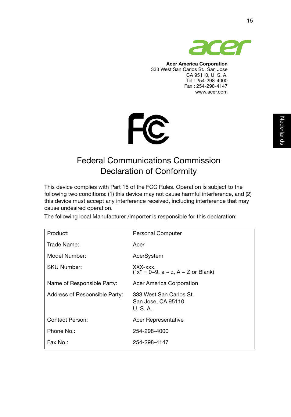 Federal communications commission | Acer Veriton E430_45 User Manual | Page 265 / 752