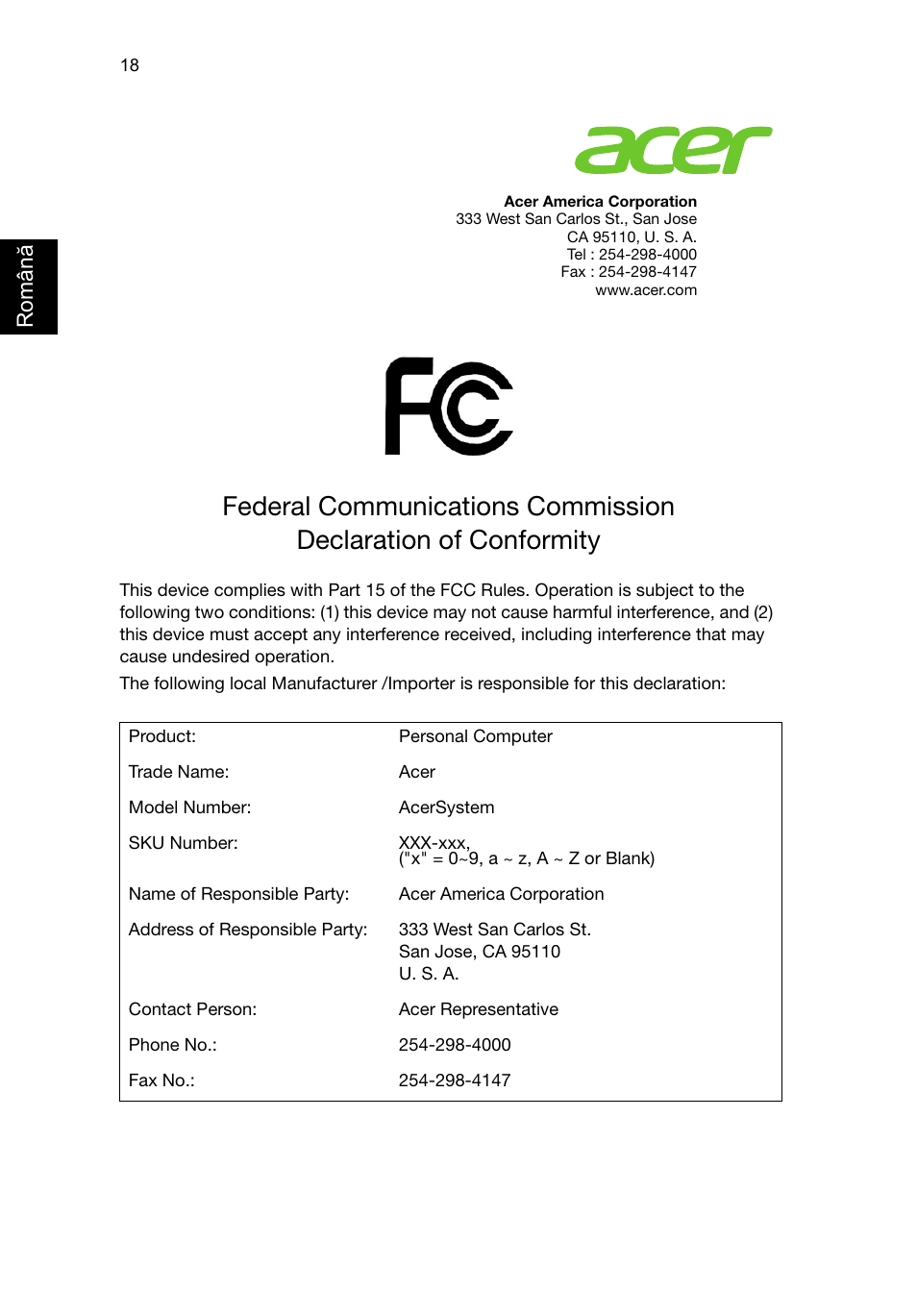 Federal communications commission, Român ă | Acer Veriton E430_45 User Manual | Page 506 / 752