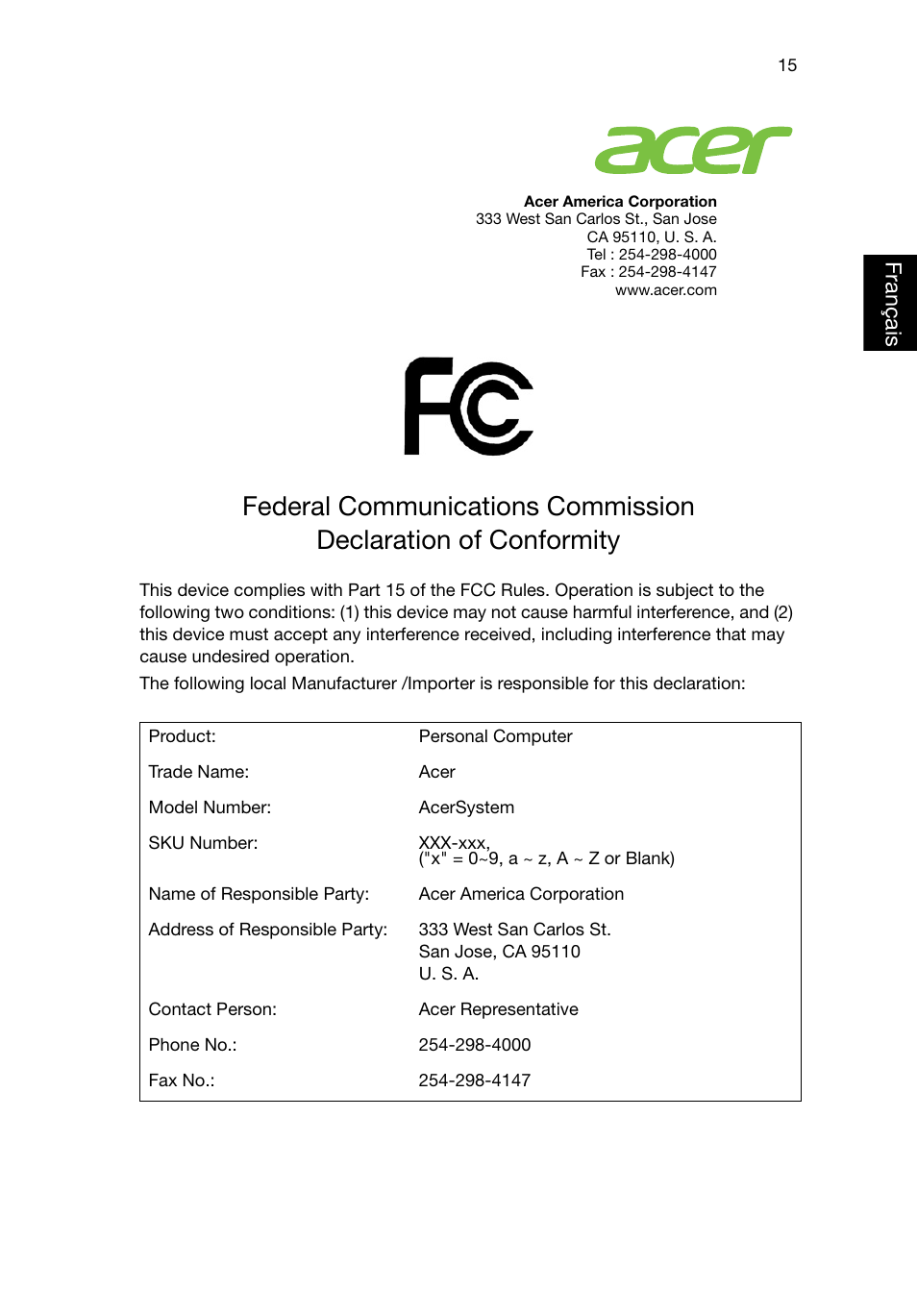 Federal communications commission, França is | Acer Veriton E430_45 User Manual | Page 55 / 752