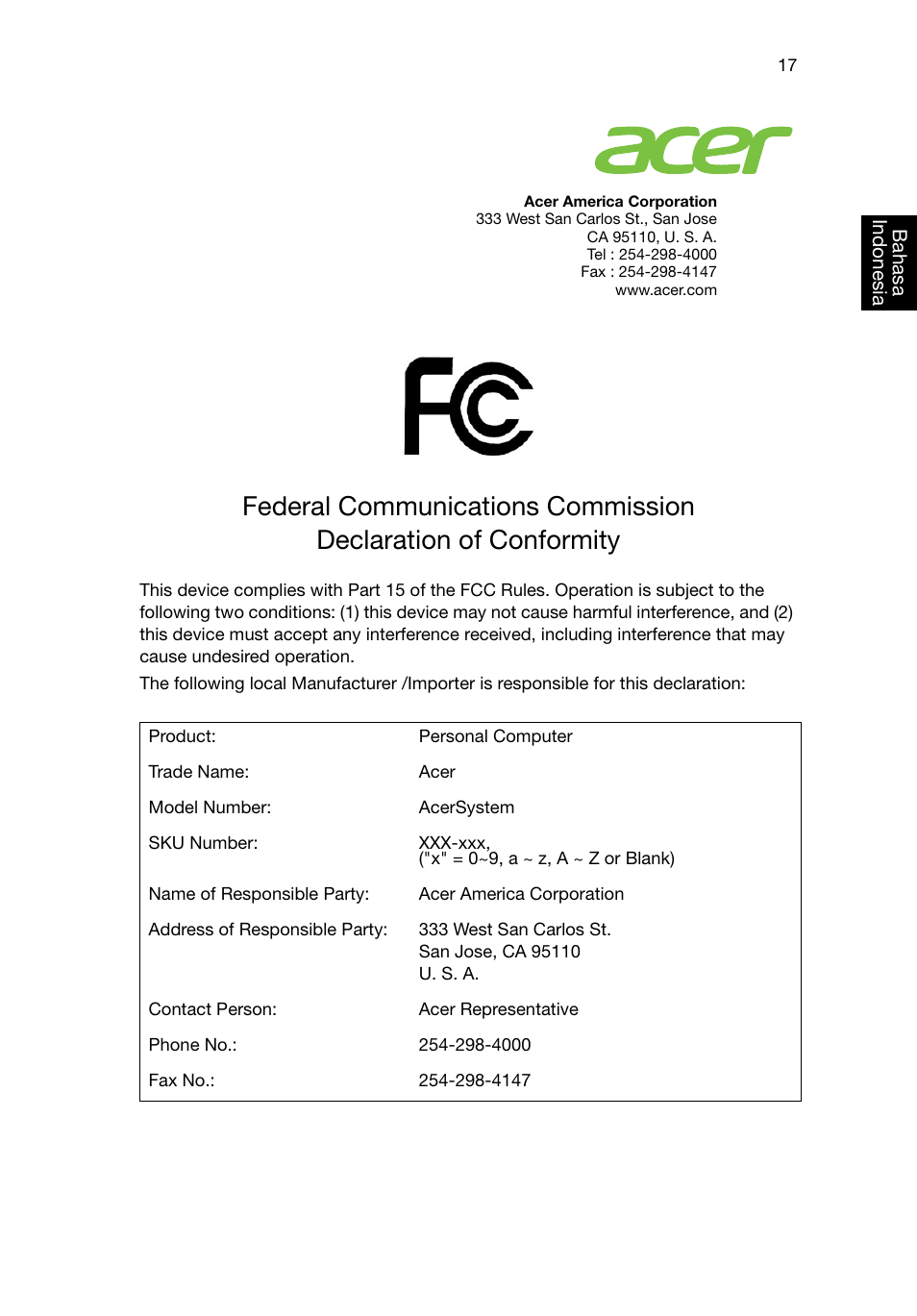 Federal communications commission | Acer Veriton E430_45 User Manual | Page 693 / 752