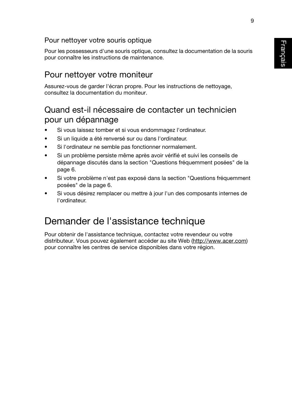 Demander de l'assistance technique, Pour nettoyer votre moniteur, Français | Acer Veriton E430_45 User Manual | Page 75 / 752