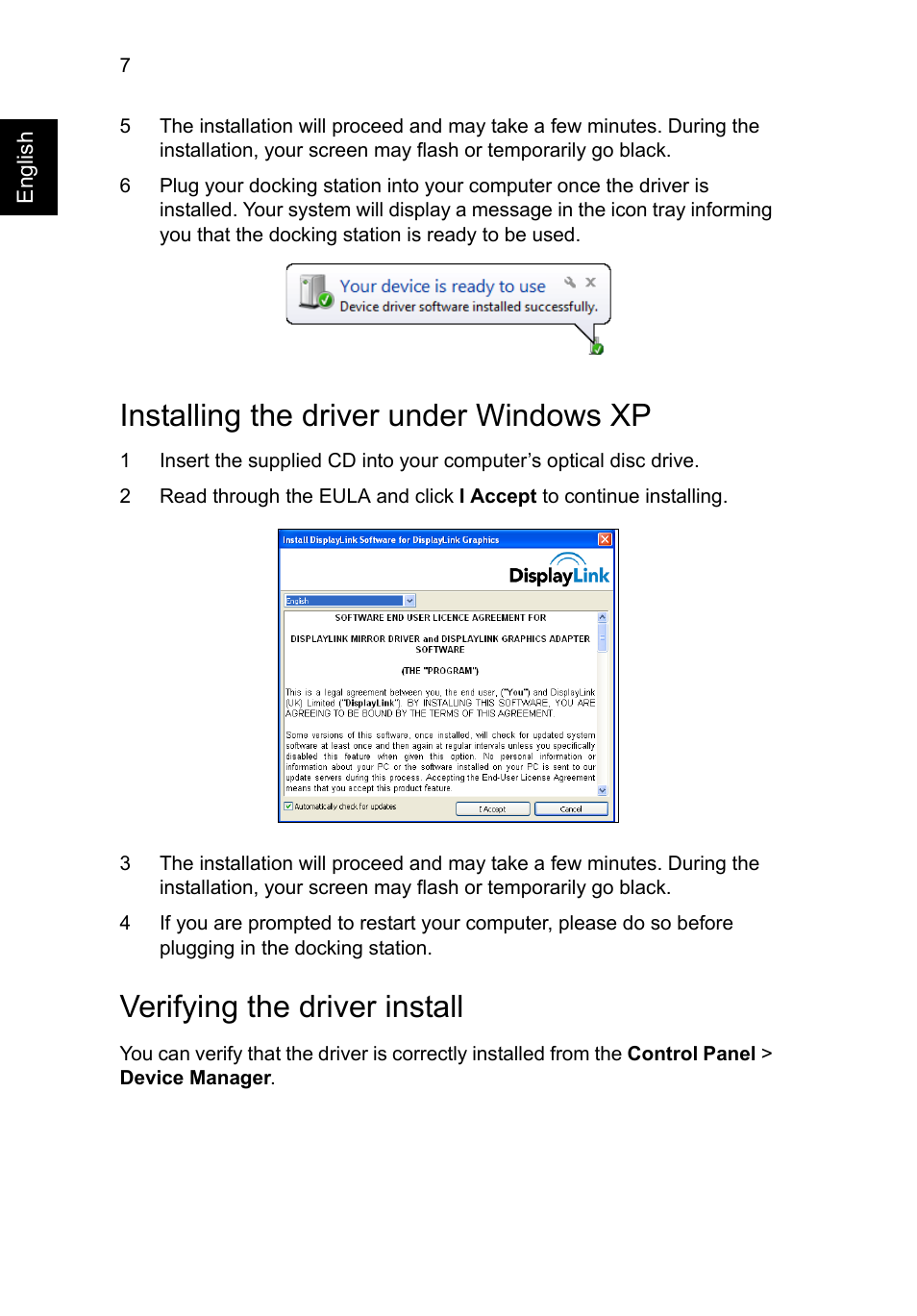 Installing the driver under windows xp, Verifying the driver install | Acer Universal USB 2.0 Docking Station User Manual | Page 10 / 18