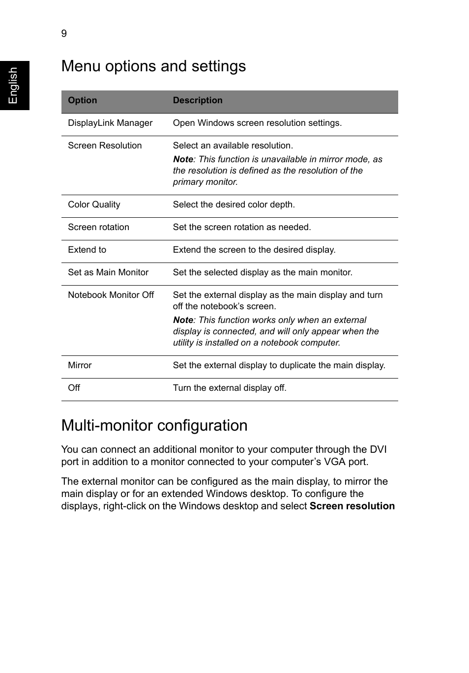 Menu options and settings, Multi-monitor configuration | Acer Universal USB 2.0 Docking Station User Manual | Page 12 / 18
