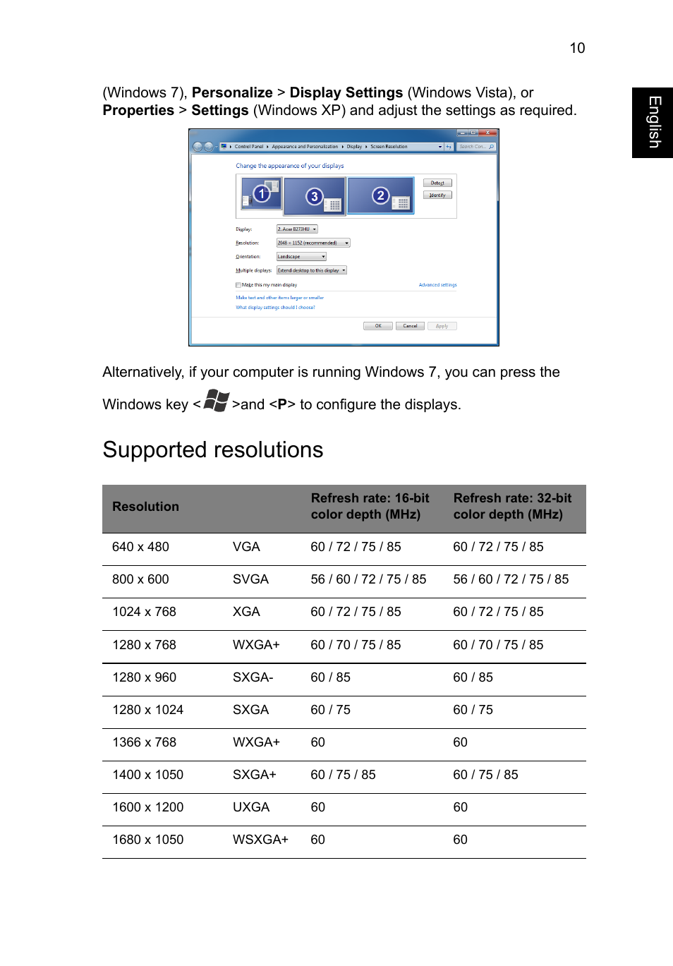 Supported resolutions | Acer Universal USB 2.0 Docking Station User Manual | Page 13 / 18