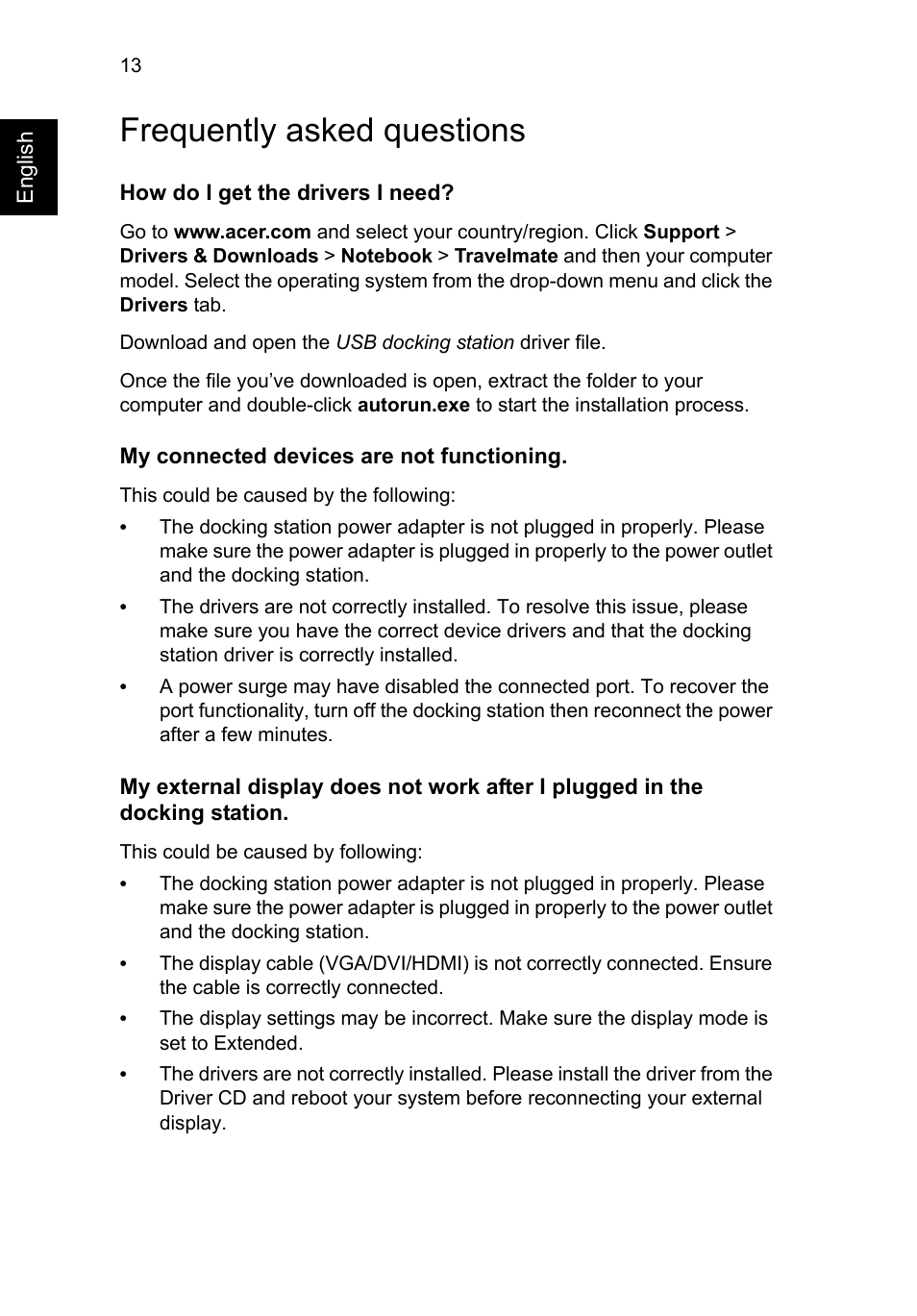 Frequently asked questions | Acer Universal USB 2.0 Docking Station User Manual | Page 16 / 18