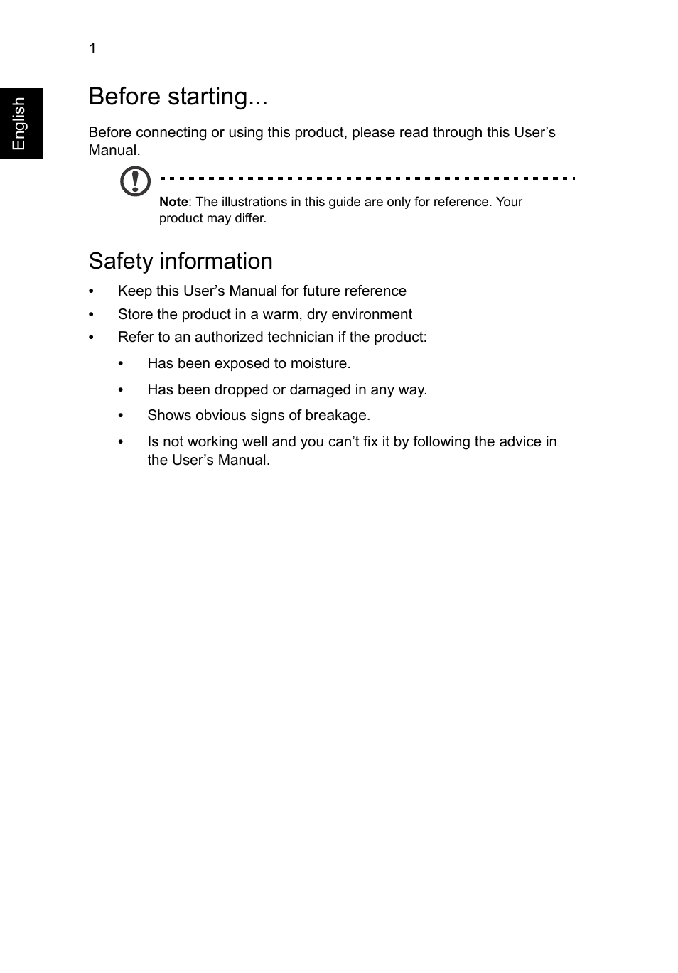 Before starting, Safety information | Acer Universal USB 2.0 Docking Station User Manual | Page 4 / 18
