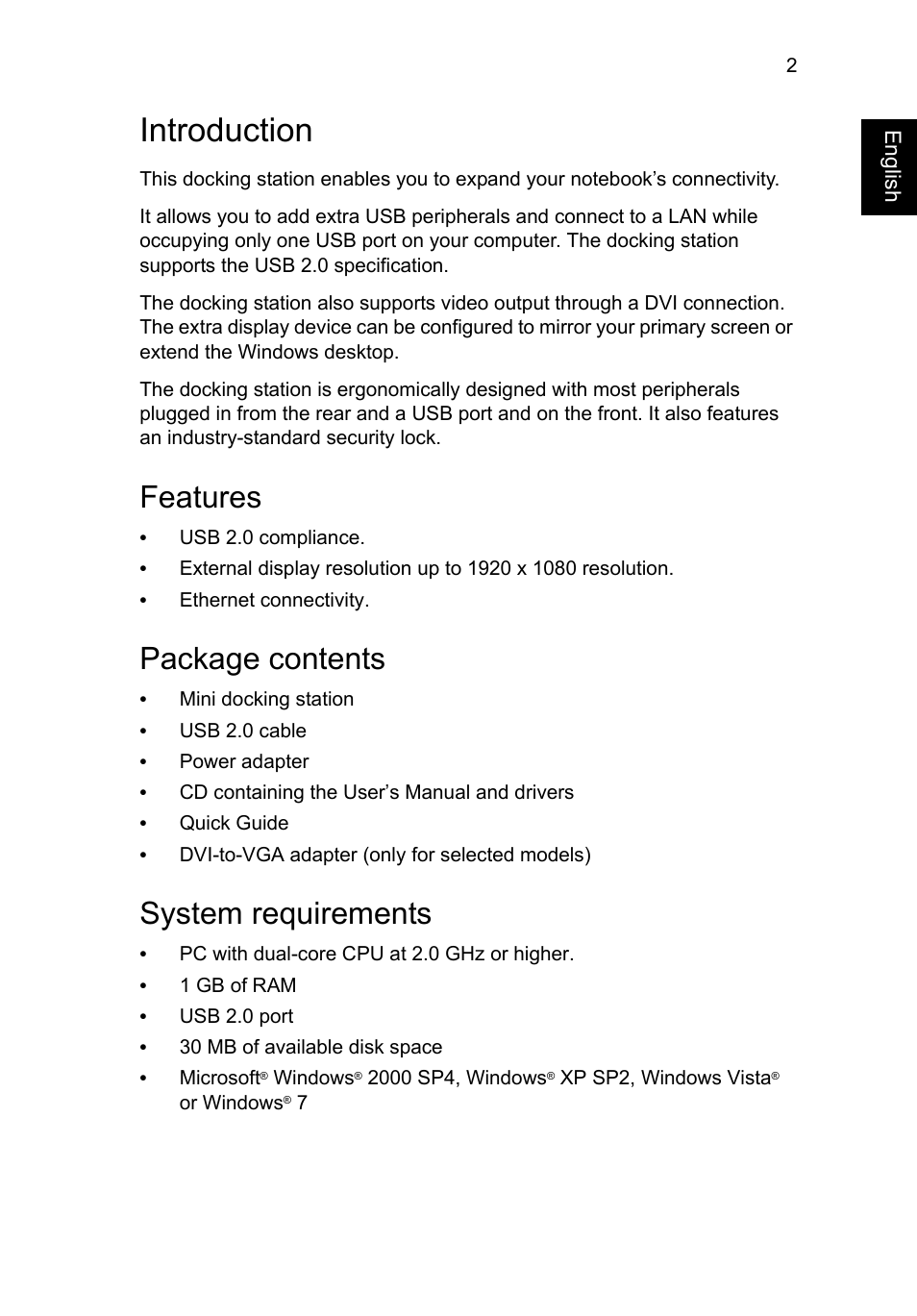 Introduction, Features, Package contents | System requirements | Acer Universal USB 2.0 Docking Station User Manual | Page 5 / 18