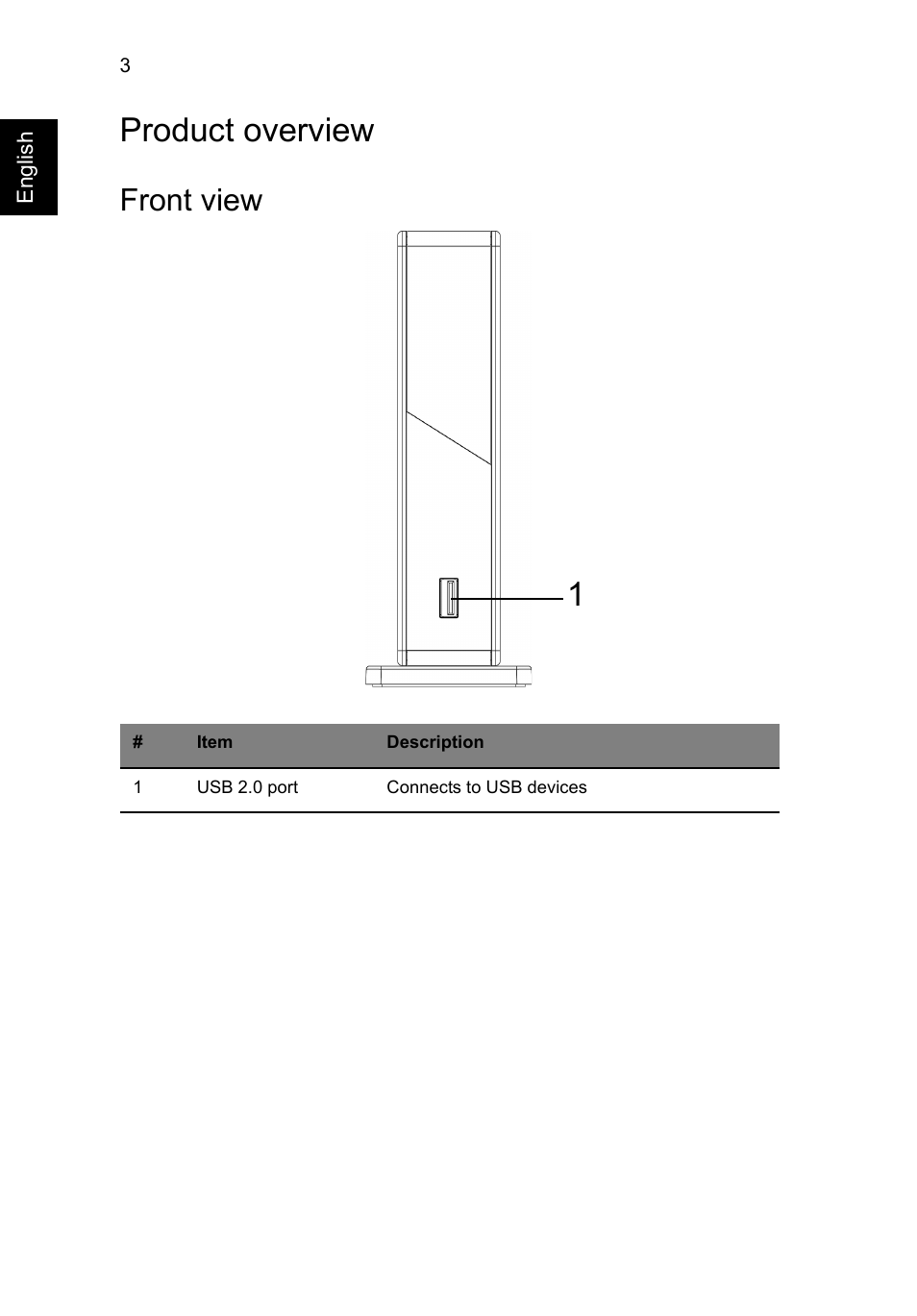 Product overview, Front view | Acer Universal USB 2.0 Docking Station User Manual | Page 6 / 18