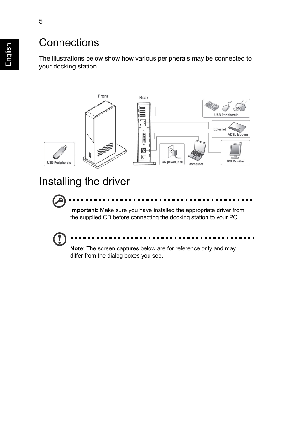 Connections, Installing the driver | Acer Universal USB 2.0 Docking Station User Manual | Page 8 / 18