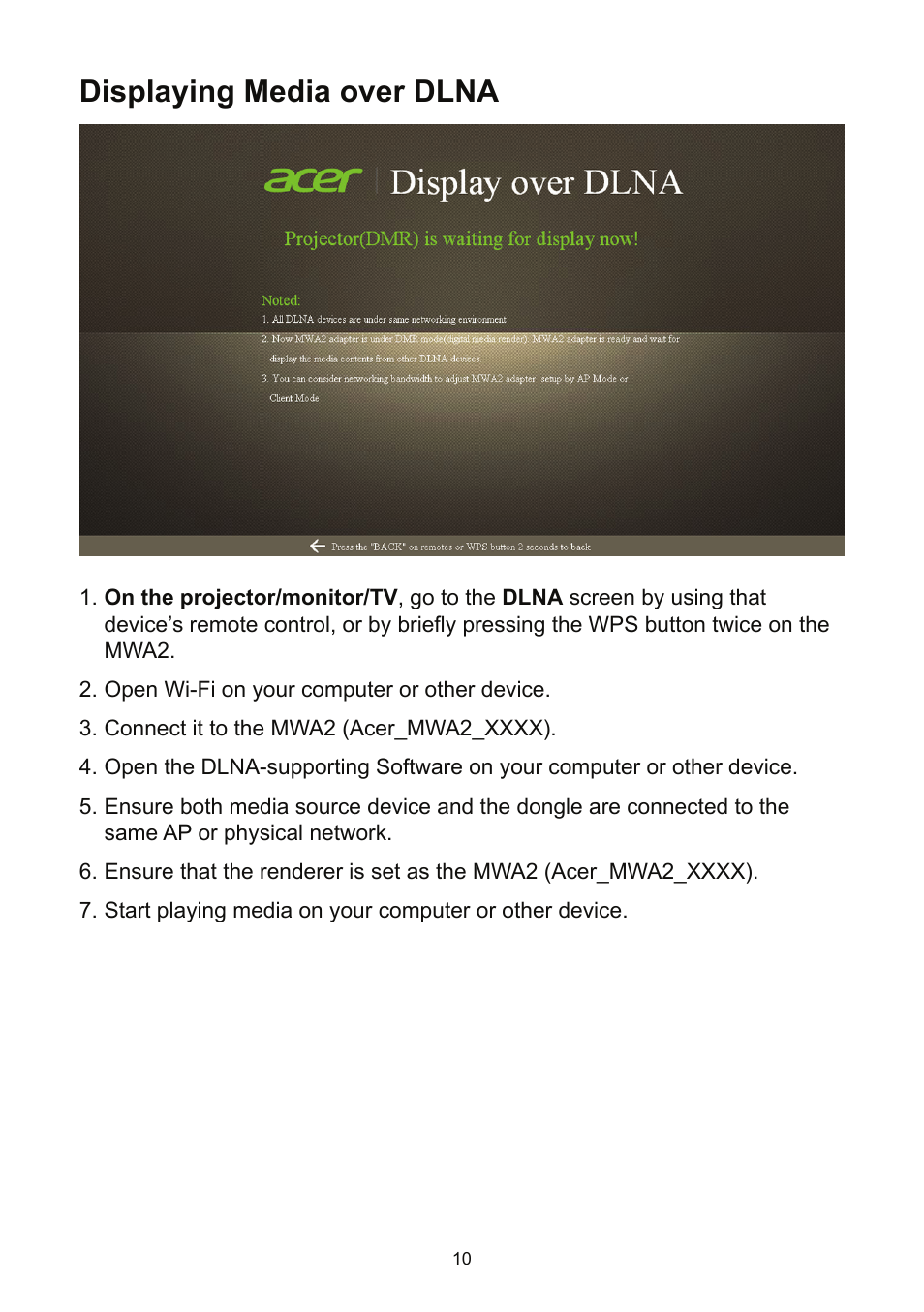 Displaying media over dlna | Acer K135 User Manual | Page 10 / 25