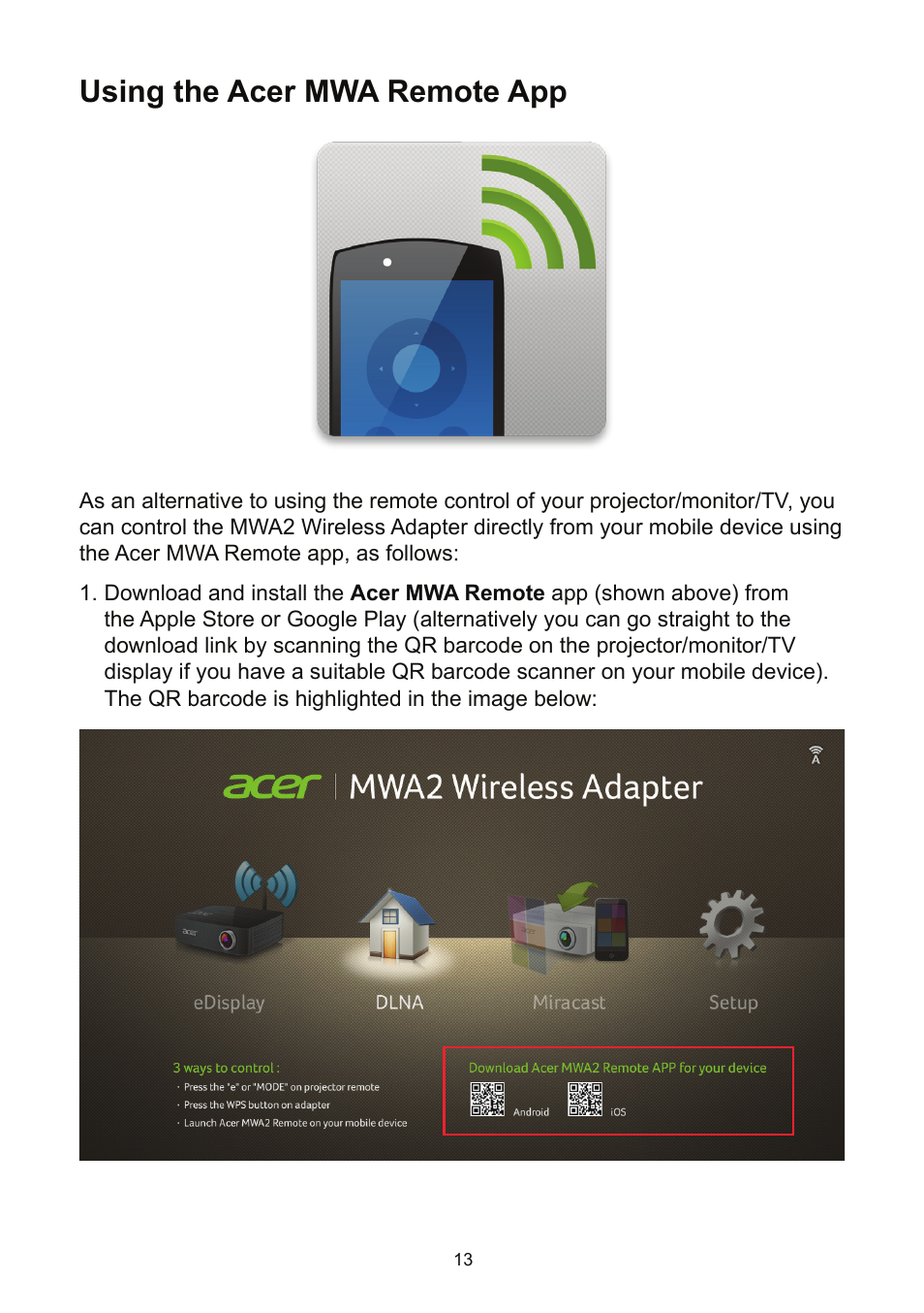 Using the acer mwa remote app | Acer K135 User Manual | Page 13 / 25