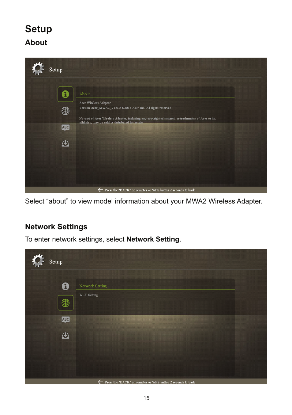 Setup, About, Network settings | About network settings | Acer K135 User Manual | Page 15 / 25