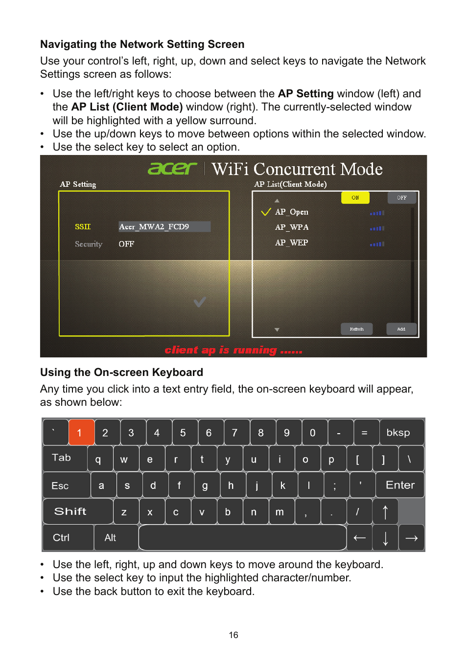 Navigating the network setting screen, Using the on-screen keyboard | Acer K135 User Manual | Page 16 / 25