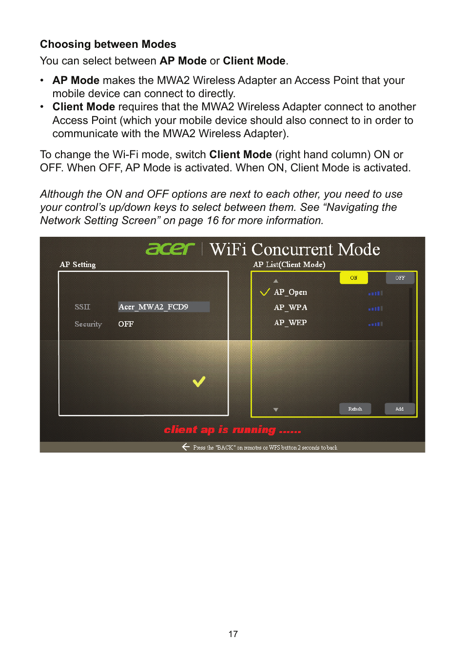 Choosing between modes | Acer K135 User Manual | Page 17 / 25