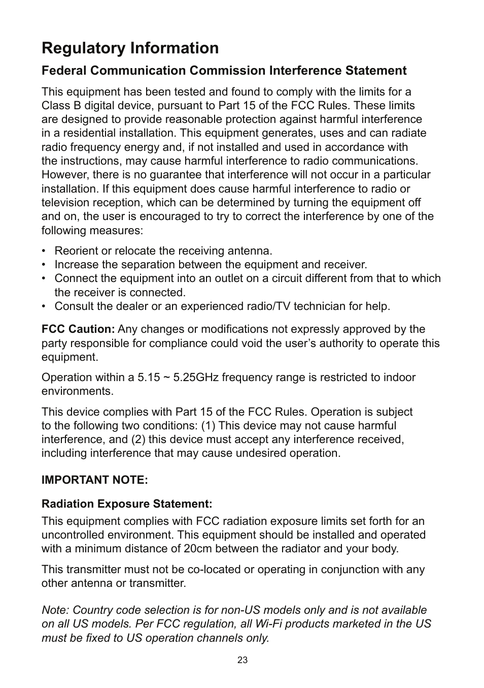 Regulatory information, Important note, Radiation exposure statement | Important note: radiation exposure statement | Acer K135 User Manual | Page 23 / 25