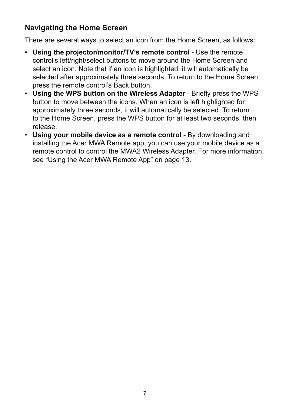 Navigating the home screen | Acer K135 User Manual | Page 7 / 25
