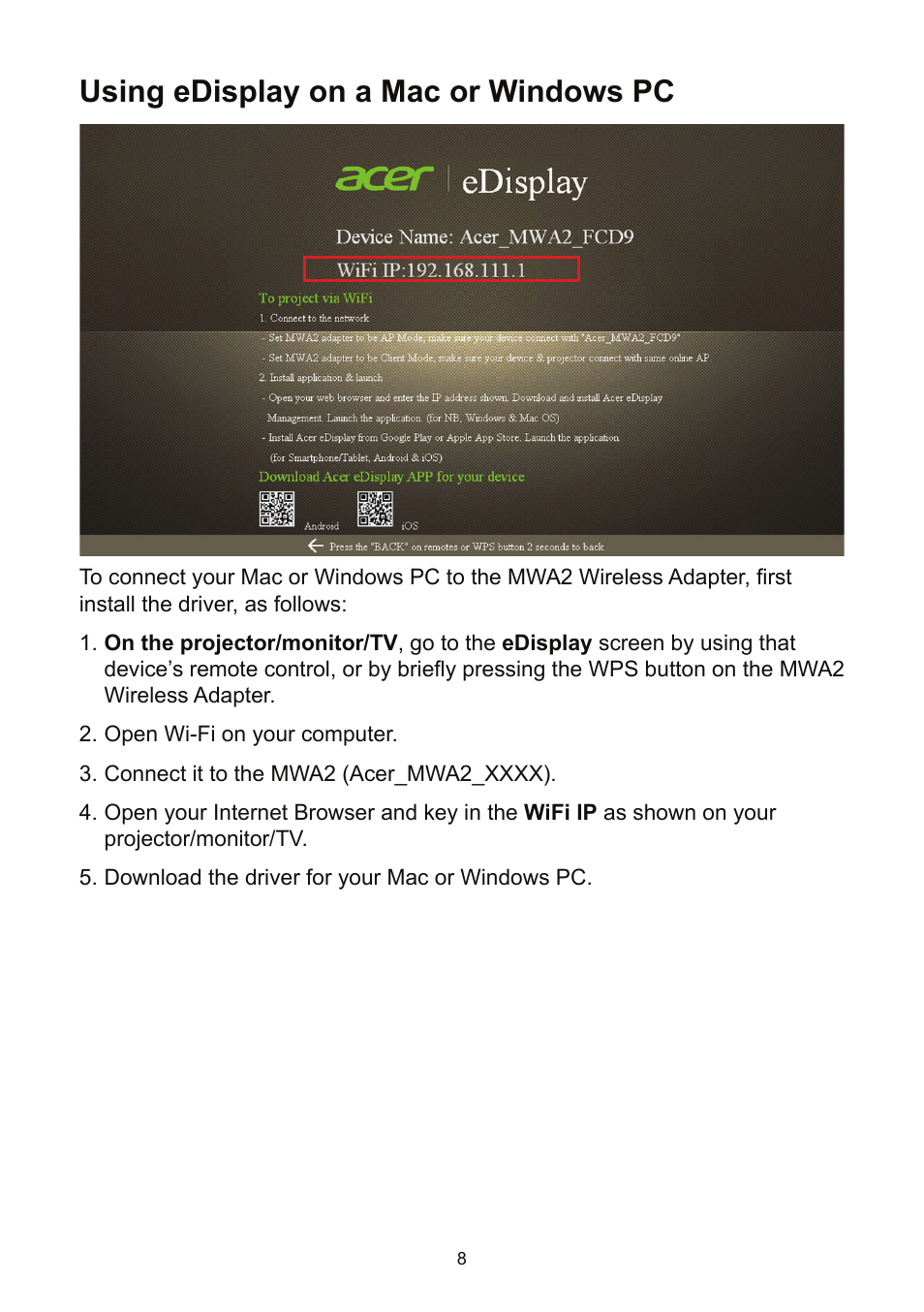 Using edisplay on a mac or windows pc | Acer K135 User Manual | Page 8 / 25