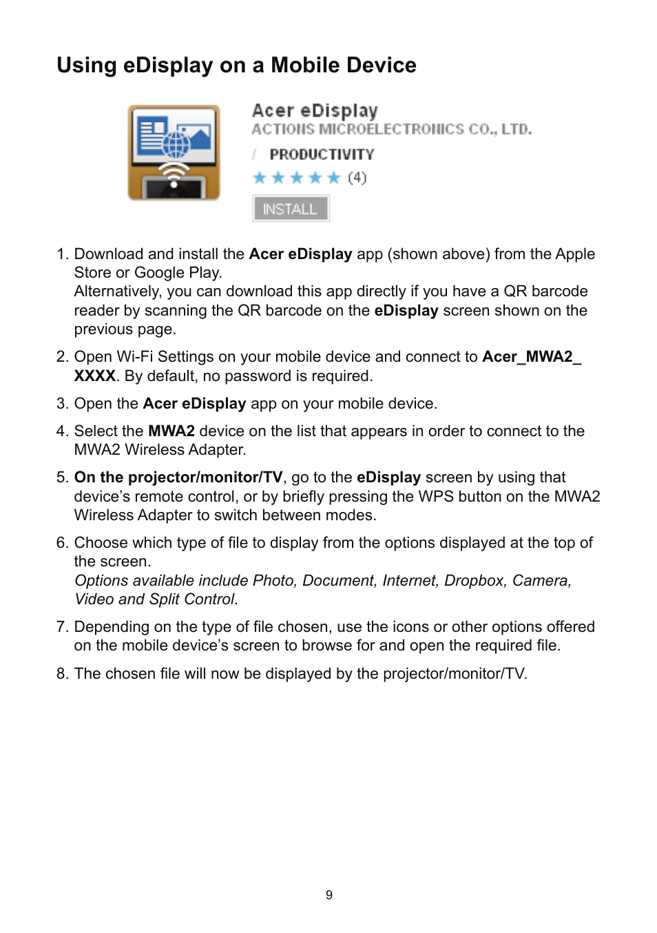 Using edisplay on a mobile device | Acer K135 User Manual | Page 9 / 25