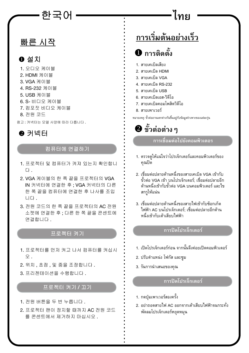 한국어 การเริ่มตนอยางเร็ว, Xการติดตั้ง, Yขั้วตอตางๆ | 빠른 시작, X 설치, Y 커넥터 | Acer X1223 User Manual | Page 16 / 17