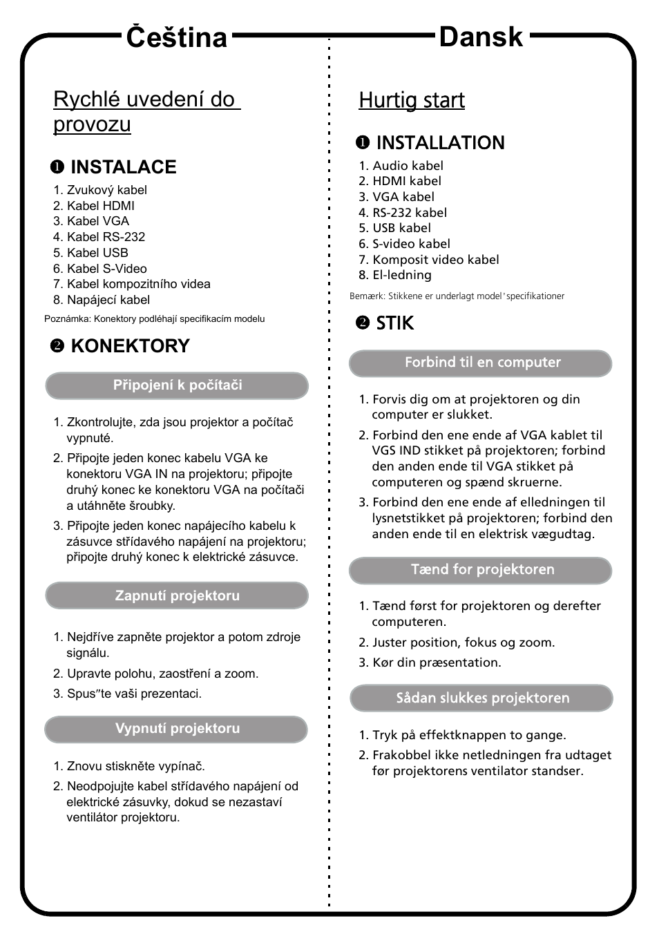 Dansk, Čeština, Hurtig start | Rychlé uvedení do provozu, Xinstallation, Ystik, Xinstalace, Ykonektory | Acer X1223 User Manual | Page 3 / 17