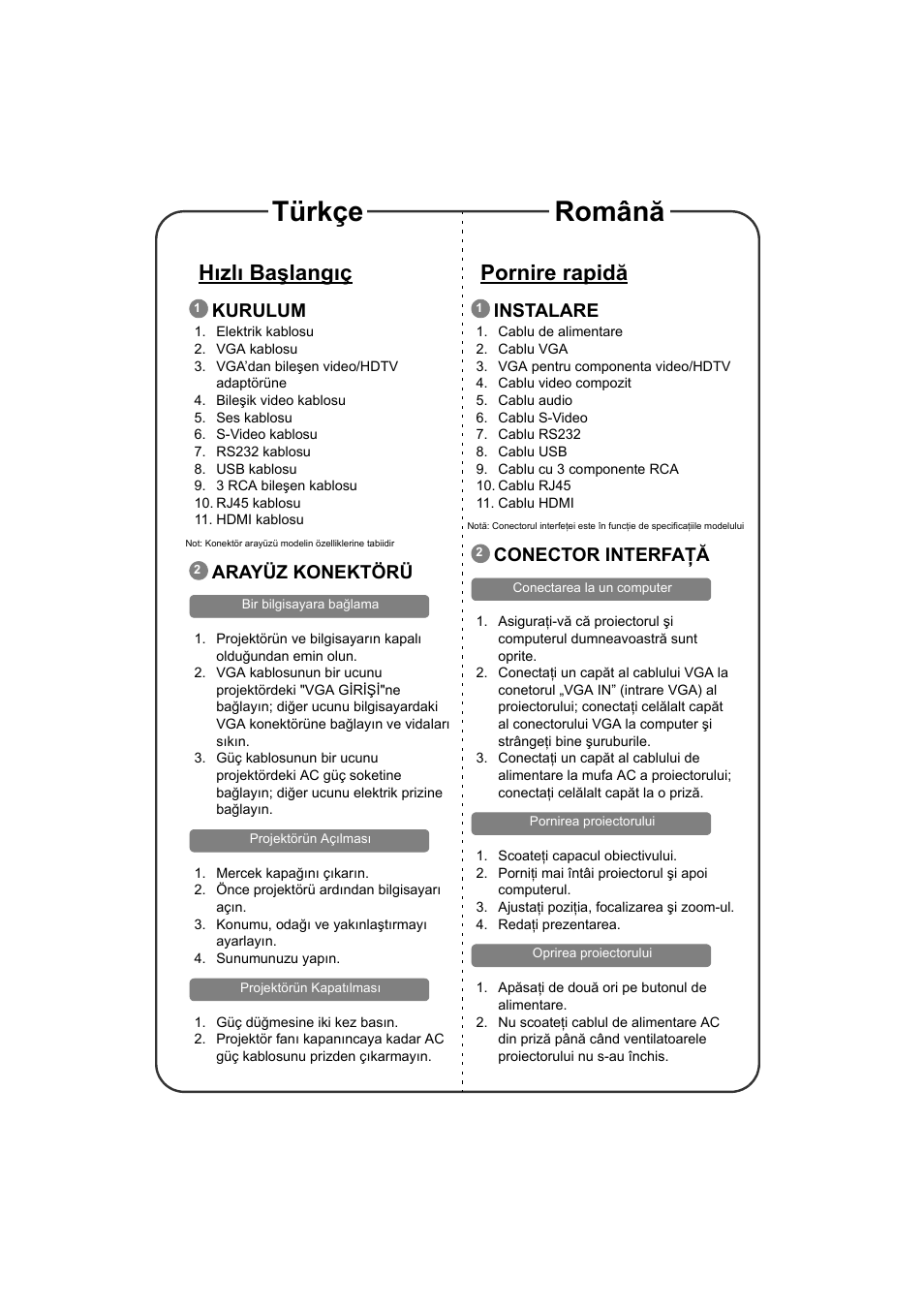 Hæzlæ ba langæç, Kurulum, Arayüz konektörü | Pornire rapidã, Instalare, Conector interfa×ã, Türkçe română, Hızlı başlangıç, Pornire rapidă, Conector interfaţă | Acer S1213Hn User Manual | Page 11 / 18