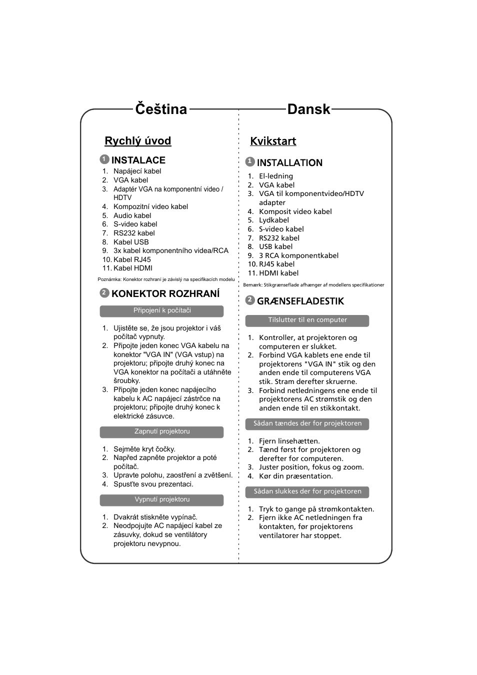 Rychlæ úvod, Instalace, Konektor rozhraní | Kvikstart, Installation, Grænsefladestik, Čeština dansk, Rychlý úvod | Acer S1213Hn User Manual | Page 4 / 18