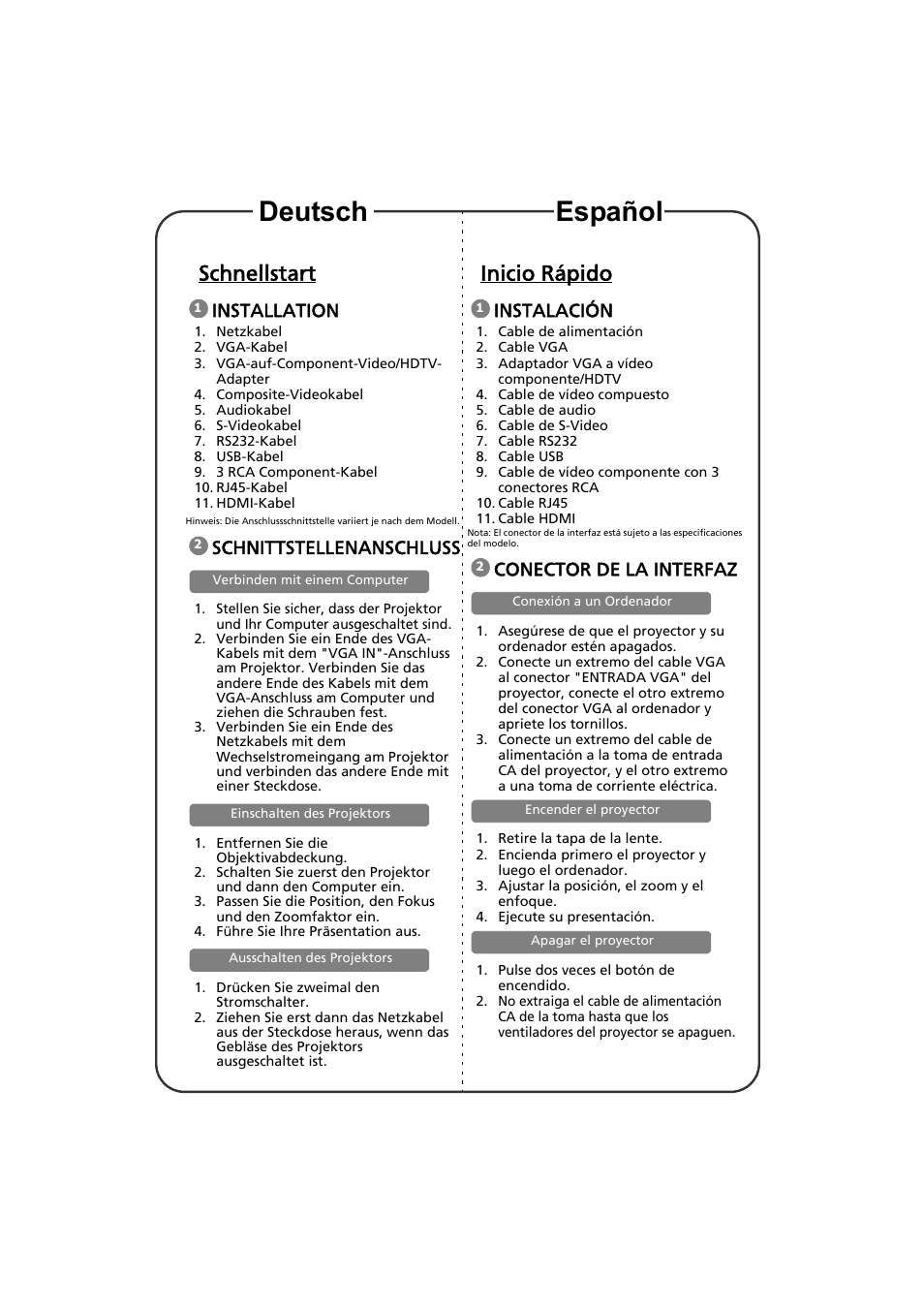 Schnellstart, Installation, Schnittstellenanschluss | Inicio rápido, Instalación, Conector de la interfaz, Deutsch español | Acer S1213Hn User Manual | Page 5 / 18