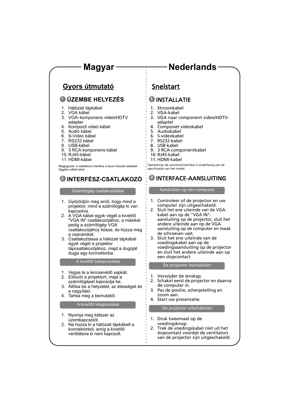 Gyors útmutató, Üzembe helyezés, Interfész-csatlakozó | Snelstart, Installatie, Interface-aansluiting, Magyar nederlands | Acer S1213Hn User Manual | Page 8 / 18