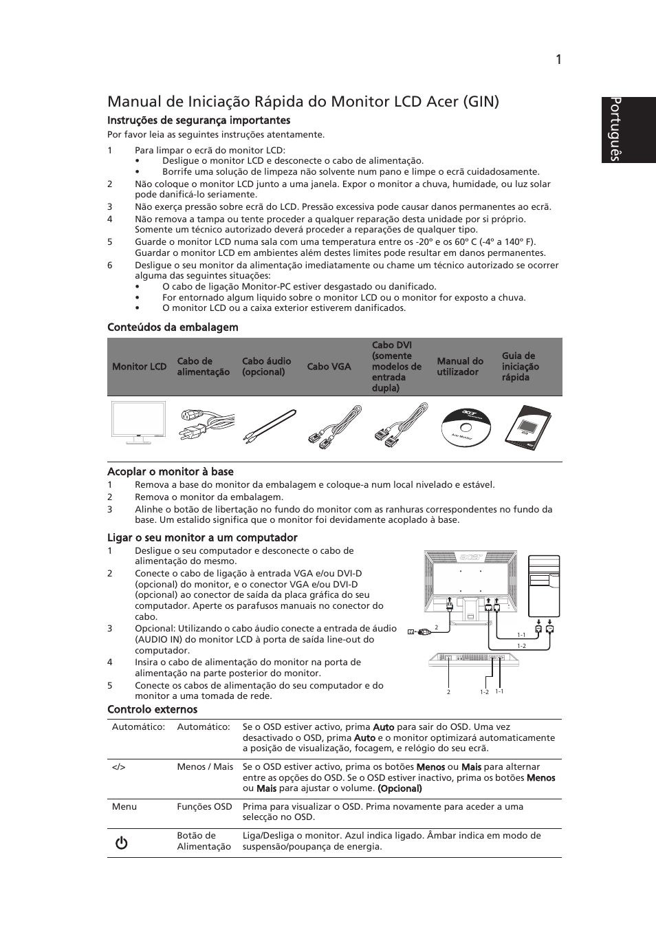 Por tu guê s | Acer V193W User Manual | Page 13 / 28