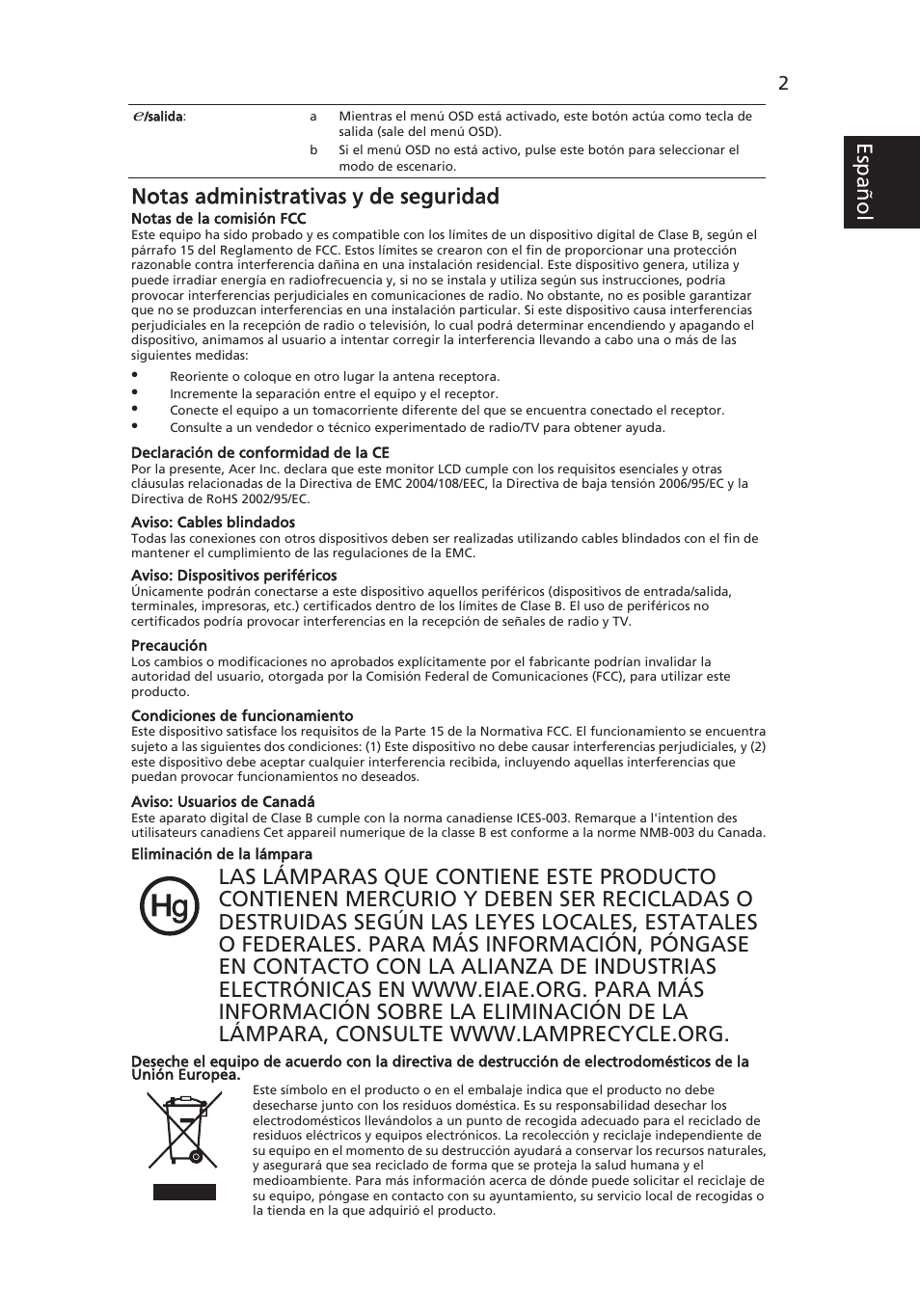 Esp añol notas administrativas y de seguridad | Acer V193W User Manual | Page 17 / 28