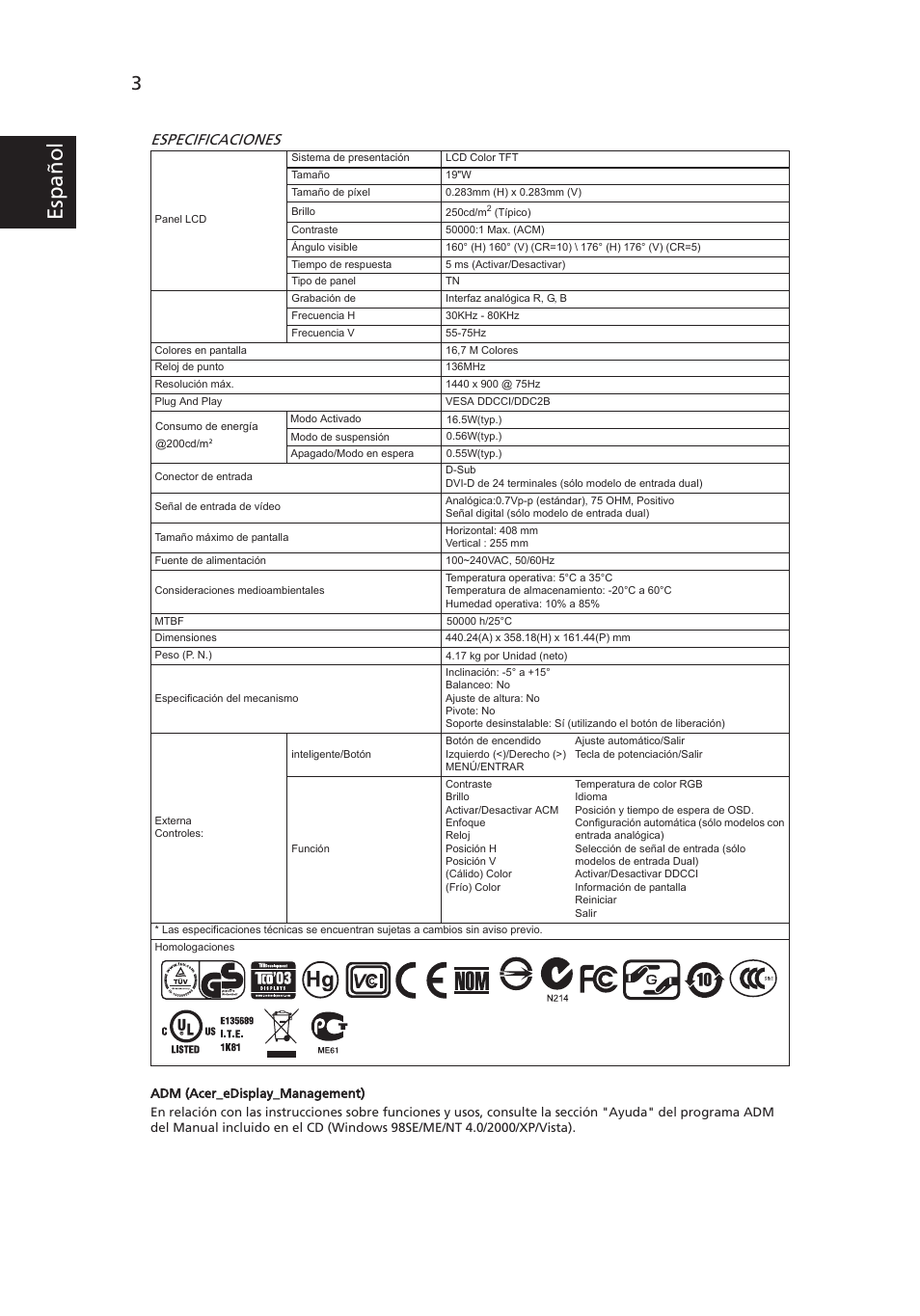 Esp añol, Especificaciones | Acer V193W User Manual | Page 18 / 28