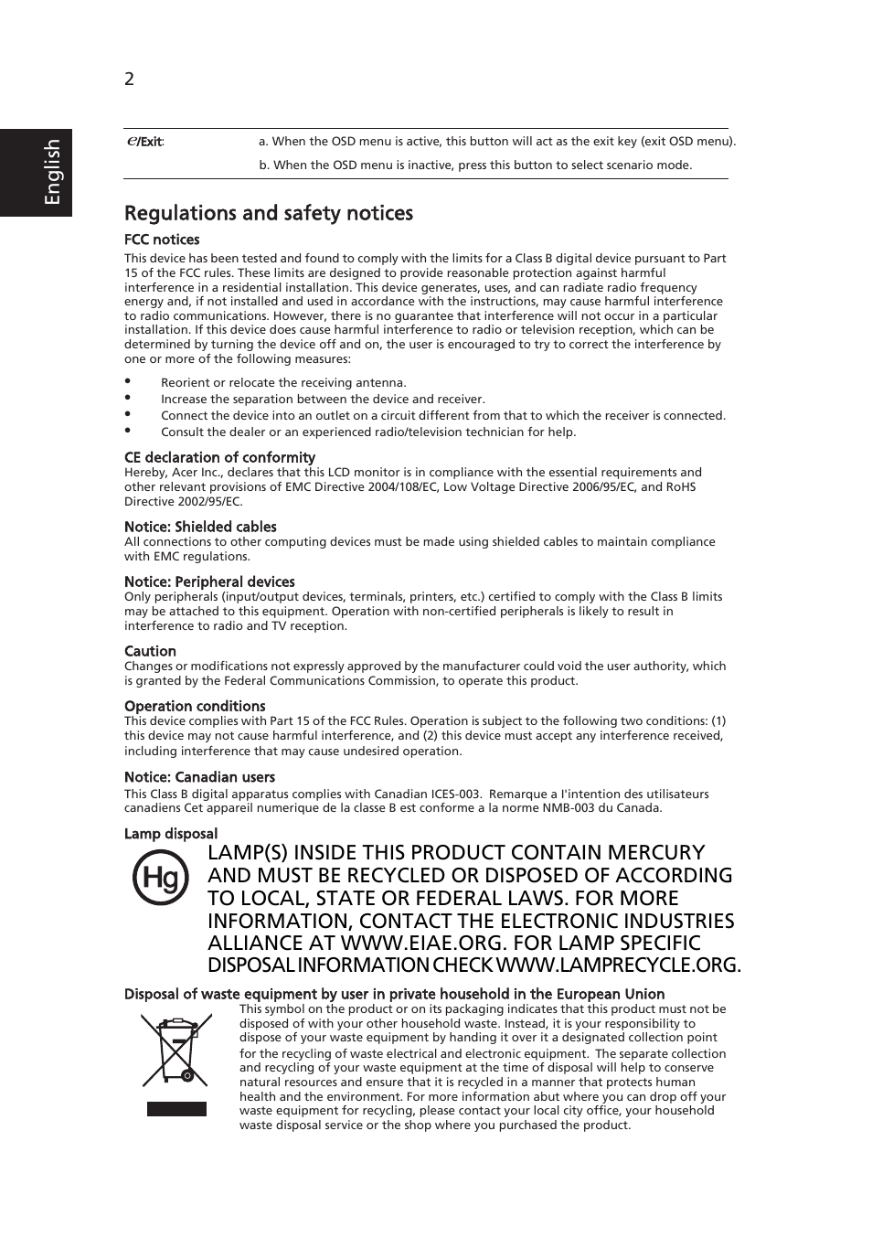 Regulations and safety notices, Eng lis h | Acer V193W User Manual | Page 2 / 28