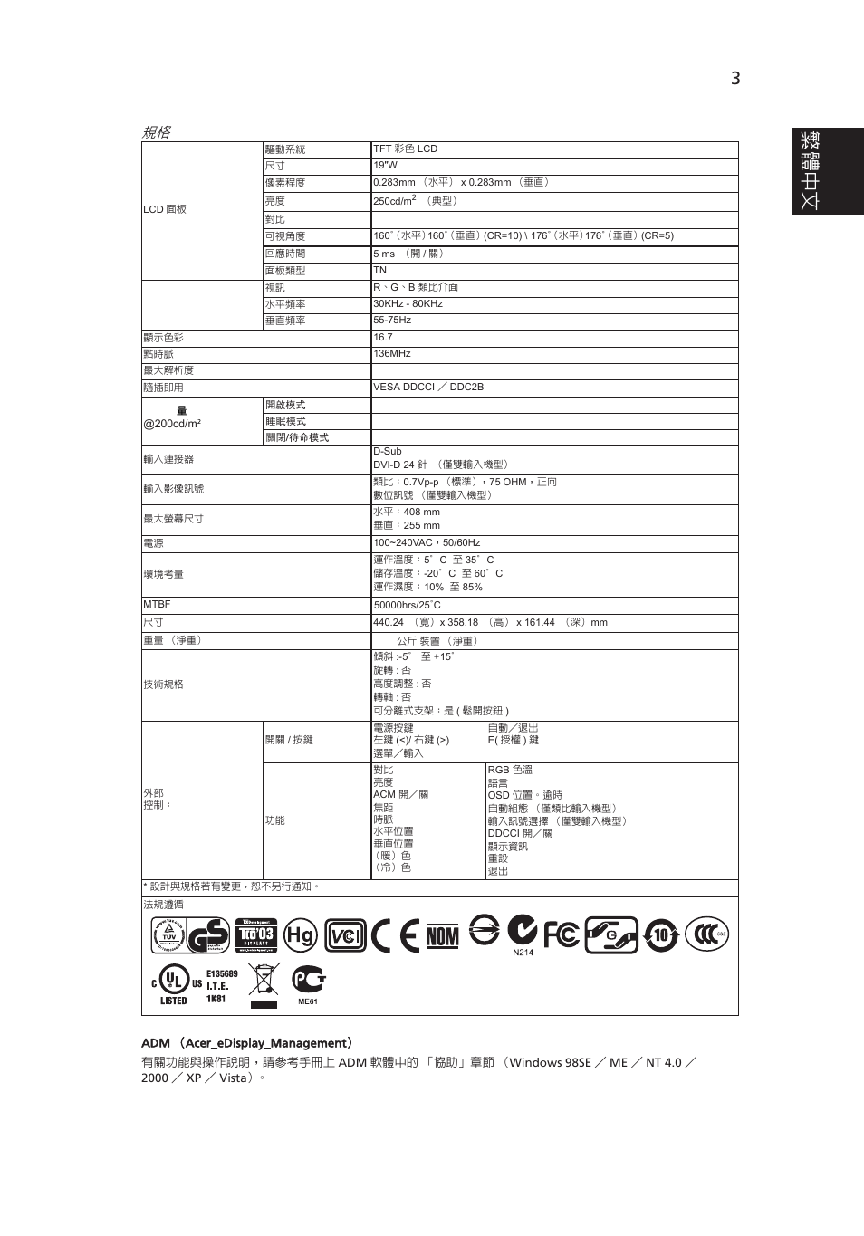 繁體中 文 | Acer V193W User Manual | Page 25 / 28