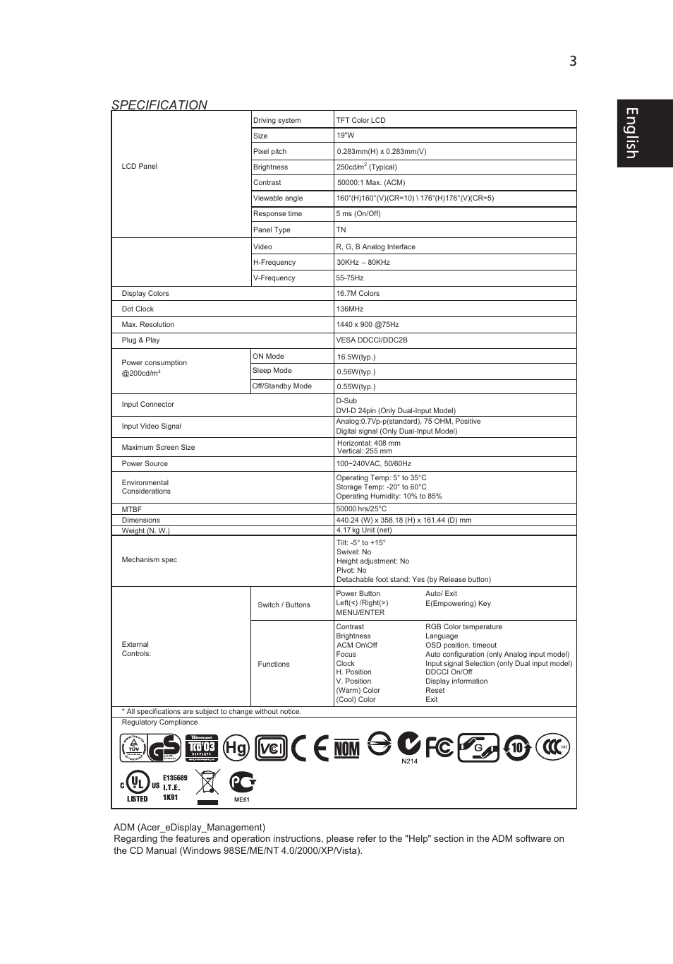 Eng lis h, Specification | Acer V193W User Manual | Page 3 / 28
