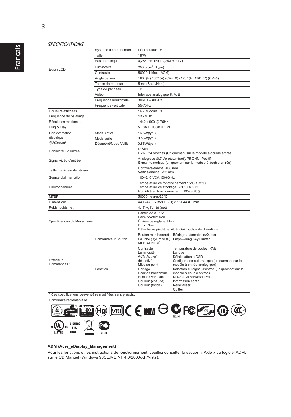 Françai s, Spécifications | Acer V193W User Manual | Page 6 / 28