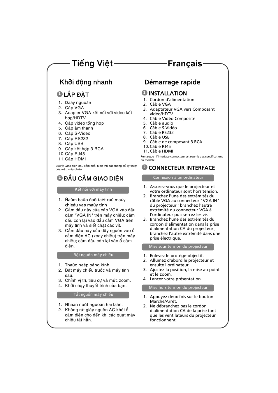 Khôûi ñoäng nhanh, Laép ñaët, Ñaàu caém giao dieän | Démarrage rapide, Installation, Connecteur interface, Français tieáng vieät | Acer S1213Hne User Manual | Page 6 / 18