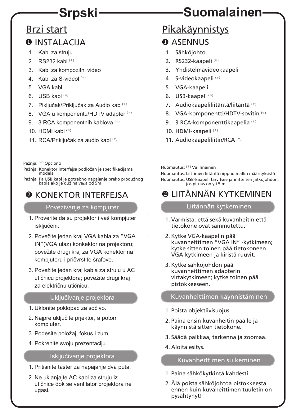 Suomalainen, Srpski, Pikakäynnistys | Brzi start, Asennus, Liitännän kytkeminen, Instalacija, Konektor interfejsa | Acer K520 User Manual | Page 12 / 17