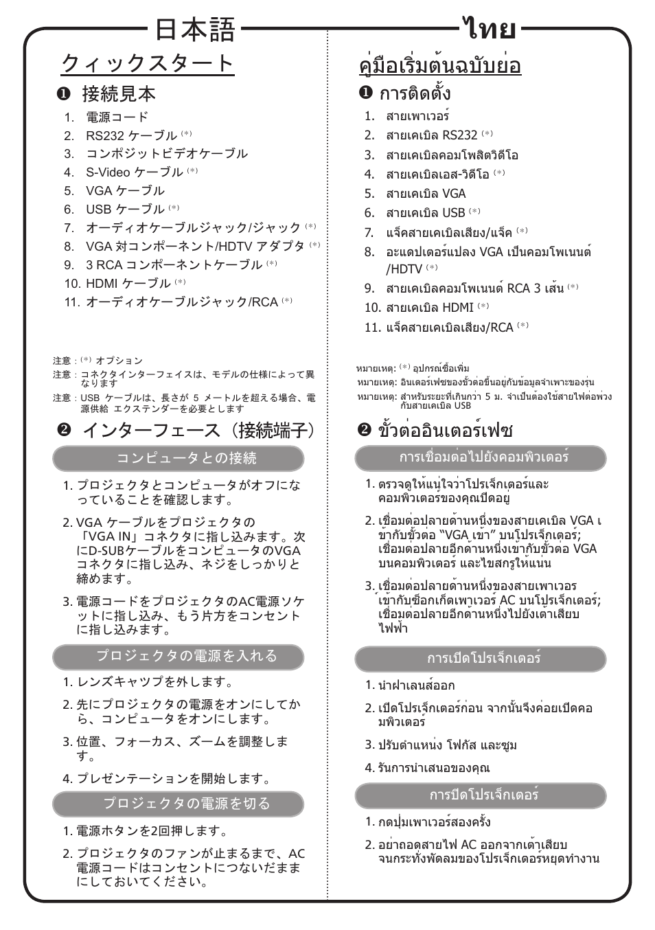 คู่มือเริ่มต้นฉบับย่อ, クィックスタート, การติดตั้ง | ขั้วต่ออินเตอร์เฟซ, 接続見本, インターフェース（接続端子 | Acer K520 User Manual | Page 15 / 17
