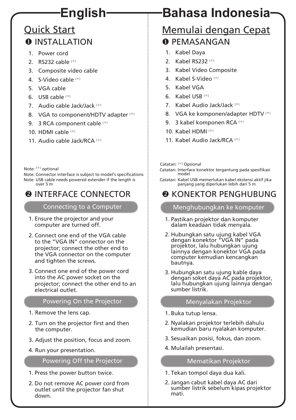 English, Bahasa indonesia, Quick start | Memulai dengan cepat, Installation, Interface connector, Pemasangan, Konektor penghubung | Acer K520 User Manual | Page 2 / 17