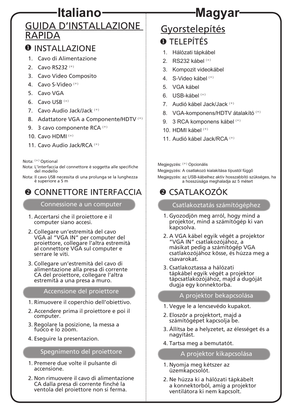 Magyar, Italiano, Gyorstelepítés | Guida d’installazione rapida, Telepítés, Csatlakozók, Installazione, Connettore interfaccia | Acer K520 User Manual | Page 7 / 17