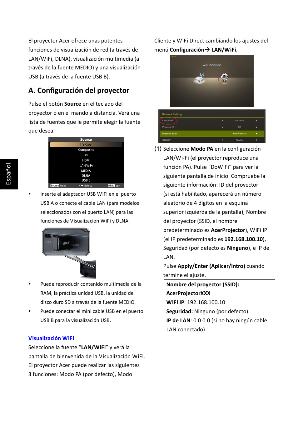 W7 qs_spanish, A. configuración del proyector, Esp añol | Acer K335 User Manual | Page 17 / 40