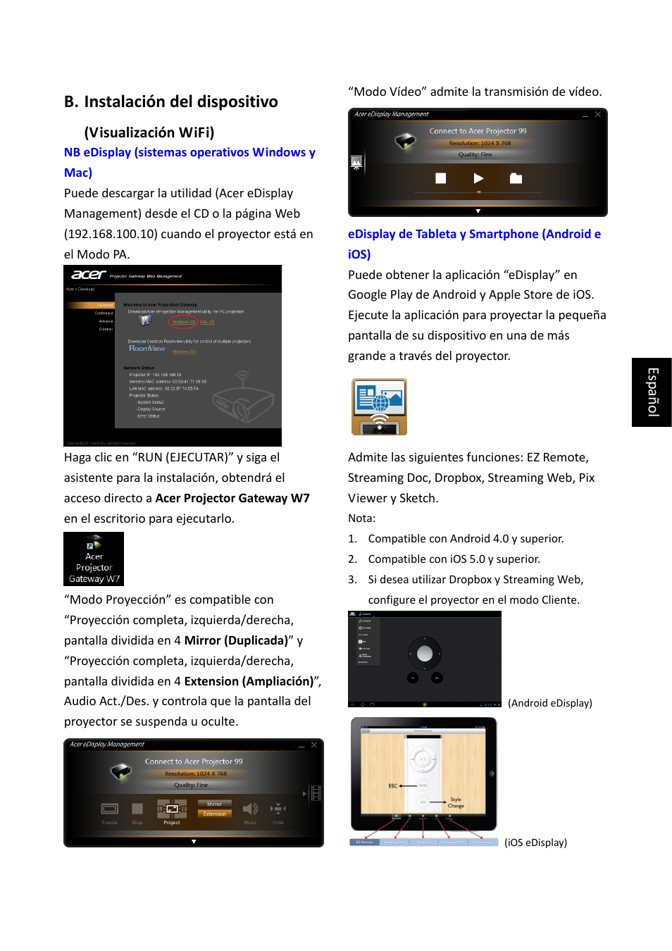 B. instalación del dispositivo | Acer K335 User Manual | Page 20 / 40