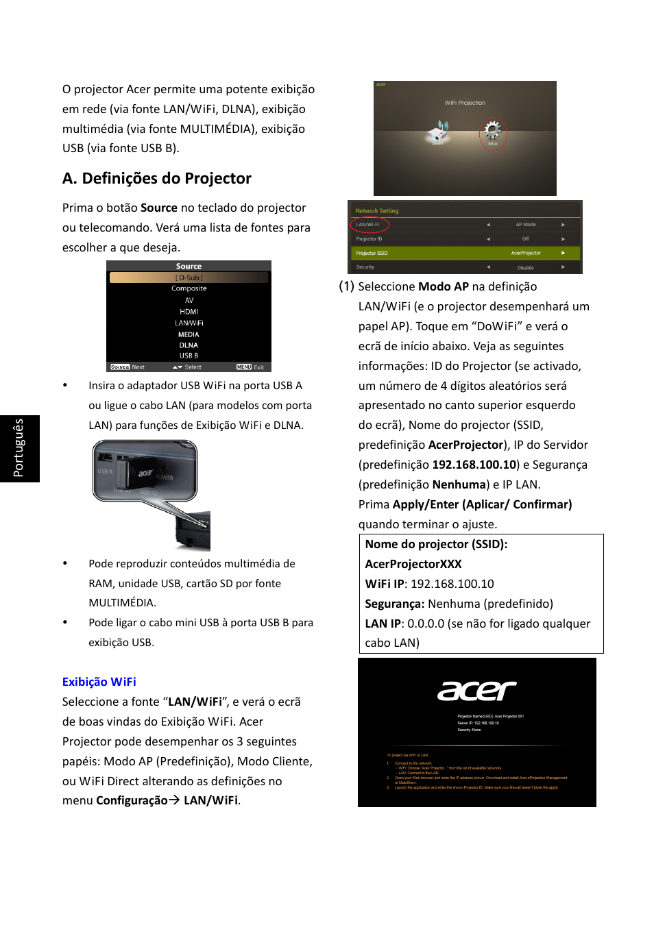 W7 qs_portuguese, A. definições do projector | Acer K335 User Manual | Page 21 / 40