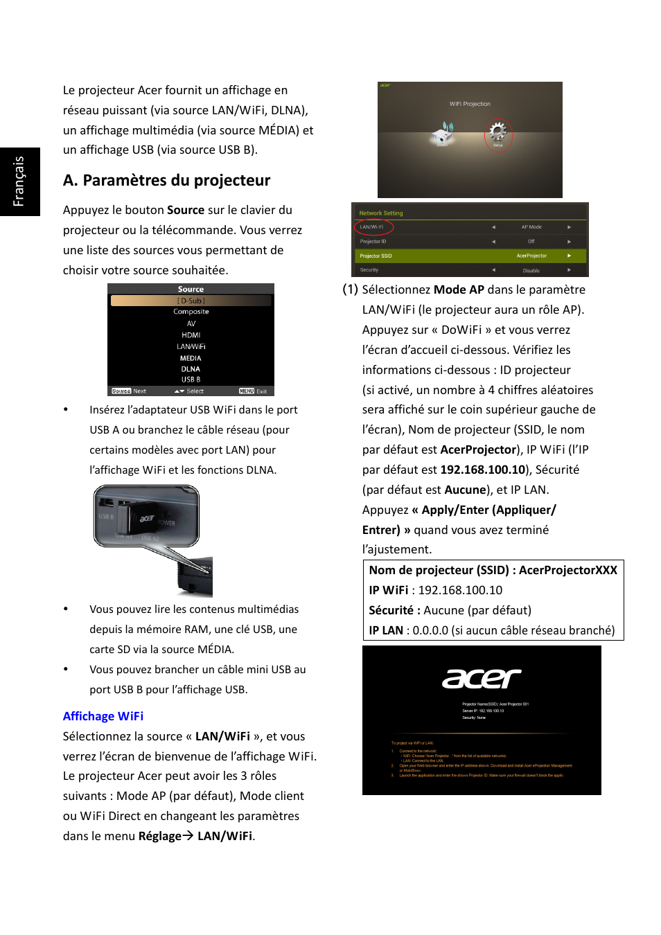 A. paramètres du projecteur, Fr anç ais | Acer K335 User Manual | Page 5 / 40