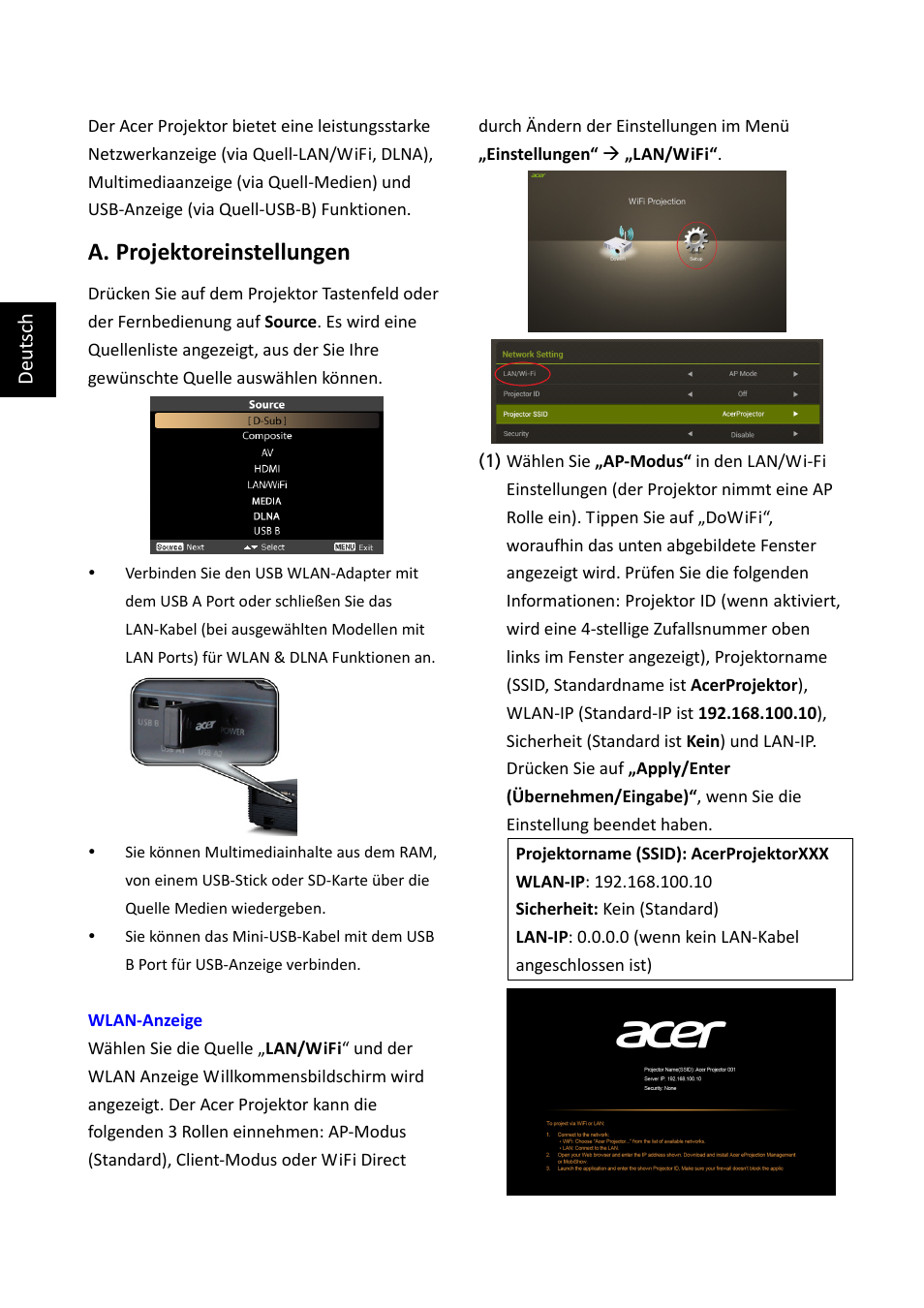 W7 qs_german, A. projektoreinstellungen, Deut sch | Acer K335 User Manual | Page 9 / 40