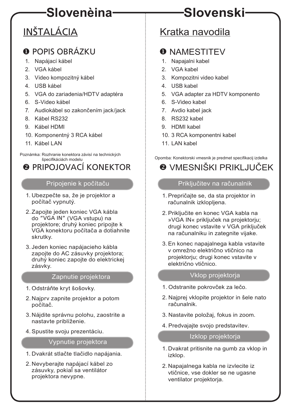 Slovenèina, Slovenski, Inštalácia | Kratka navodila, Popis obrázku, Pripojovací konektor, Namestitev, Vmesniški priključek | Acer P1266i User Manual | Page 11 / 16