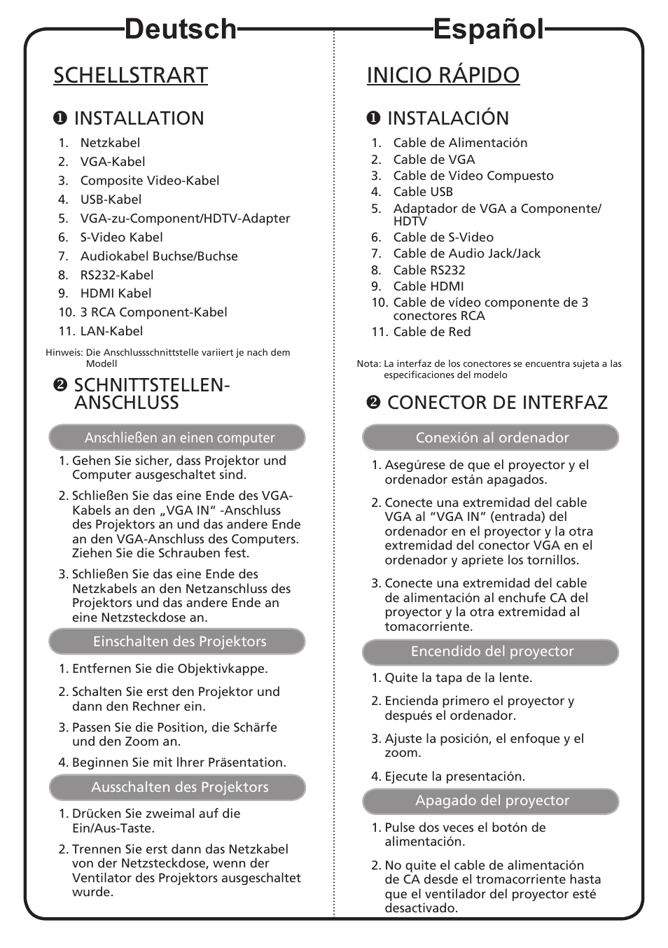 Deutsch, Español, Schellstrart | Inicio rápido, Installation, Schnittstellen- anschluss, Instalación, Conector de interfaz | Acer P1266i User Manual | Page 4 / 16