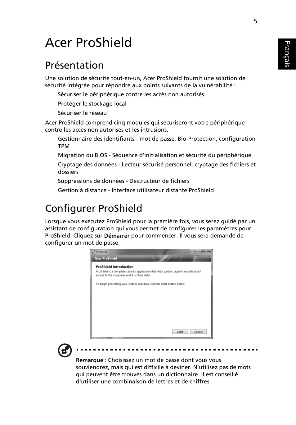 Acer proshield, Présentation, Configurer proshield | Français | Acer TravelMate 7750G User Manual | Page 101 / 2286